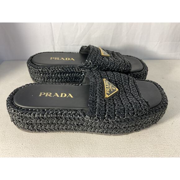 Prada 'Raffia' Black Raffia Flatform Slide Sandal Size 6 - Picture 2 of 5